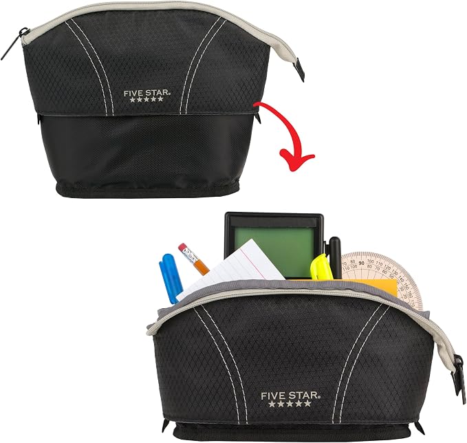 Five Star Pencil Pouch, Pen Case, Quick View Expandable Zipper Pouch, Storage Organizer for School Supplies Earbuds Chargers Cables Makeup, Black/Grey (507610A-ECM) 7.125 x 7.125 inches (Pack of 6)