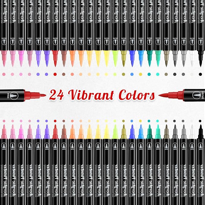 Thboxes 24 Colors Acrylic Paint Markers - Waterproof Dual Tip Paint Pens for Rock Painting, Fabric, Wood, Glass, Canvas - Valentines Day Gifts & Art Supplies