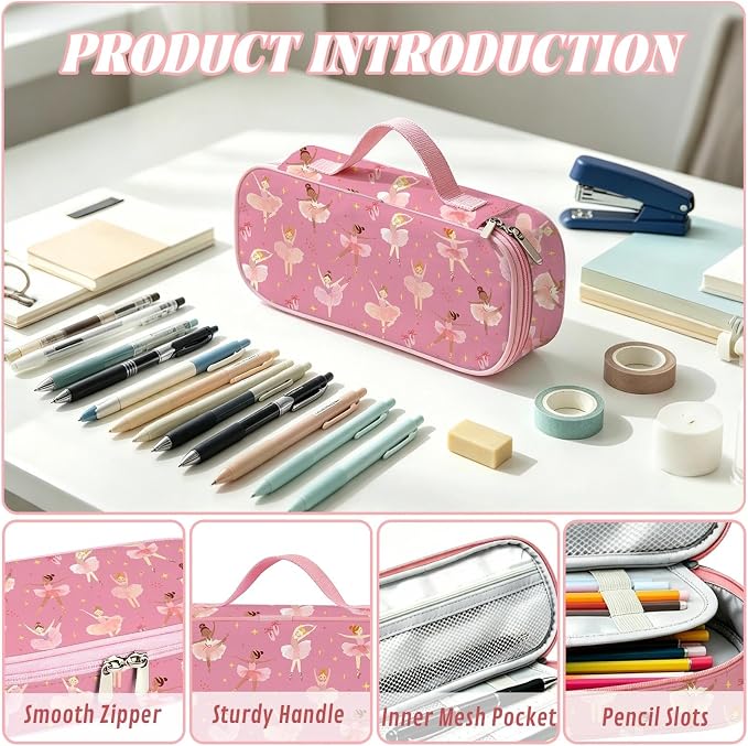 Ballet Dancer Pencil Case for Girls, Large Capacity Kids Pencil Box with Zipper, Ballet Gifts for Girls, Portable Pen Pouch Bag for Office School Travel