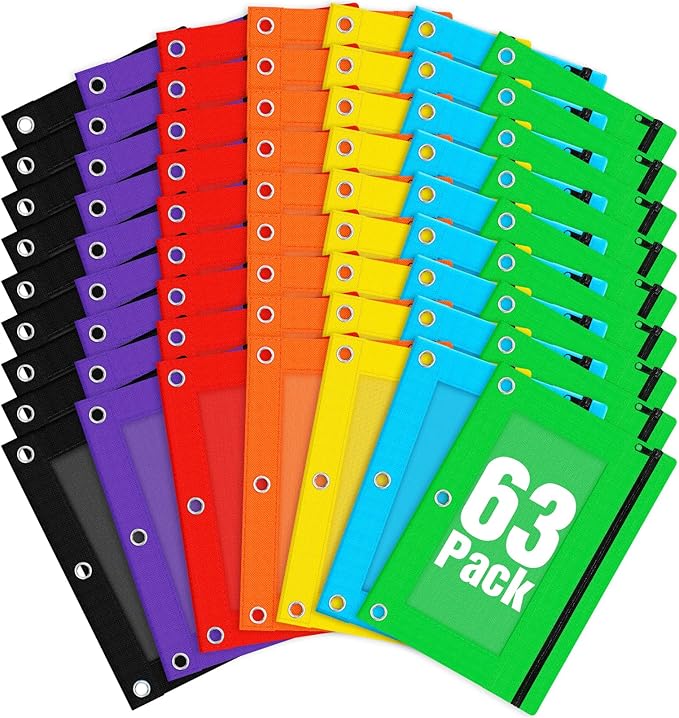 Pencil Pouch for 3 Ring Binder, 63 Pack Bulk Zipper Pencil Cases with Clear Window, 7 Assorted Color Cloth Binder Pouches with 3 Holes, Durable Pencil Bags for Classroom School Office Supplies