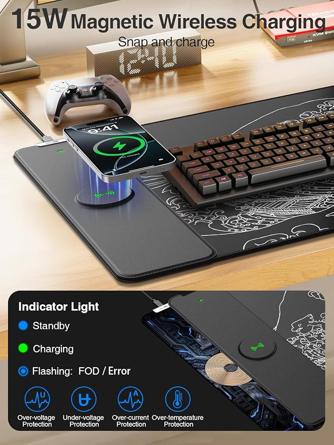 Magnetic Wireless Charging Mouse Pad, 31.5"x15.8" Large Desk Mat | Waterproof Mousepad, Smooth Glide, Stitched Edge, Non-Slip Rubber Base, Desk Pad Computer Keyboard Mat, No Adapter