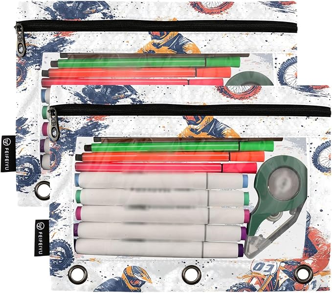 Wamika Motorcycle White Binder Pouches 3 Ring for Boys Girls School Office College Supplies Motocross Sports Grunge Pattern Pencil Pouches Case Bag with Clear Window and Zipper 2 pack