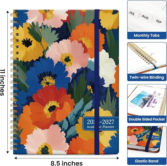 Planner 2026-2027, Academic Year Monthly and Weekly Calendar Planner, Jul 2026 - Jun 2027, Hardcover Teacher Student Planning Agenda book with Tabs, Perfect for School Office Supplies, 8.5" x 11" - Vivid Petals