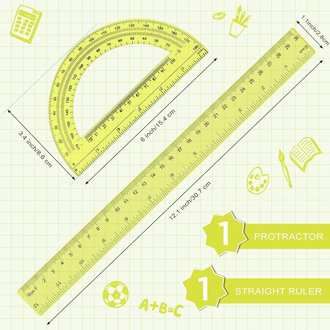 Zonon 2 Pcs 12 Inch Clear Ruler and 6 Inch Plastic Protractor Set, Dual Scale Inch/Cm Math Geometry Measuring Tools for Back to School Students Teachers Classroom Office Drafting Use(Yellow)