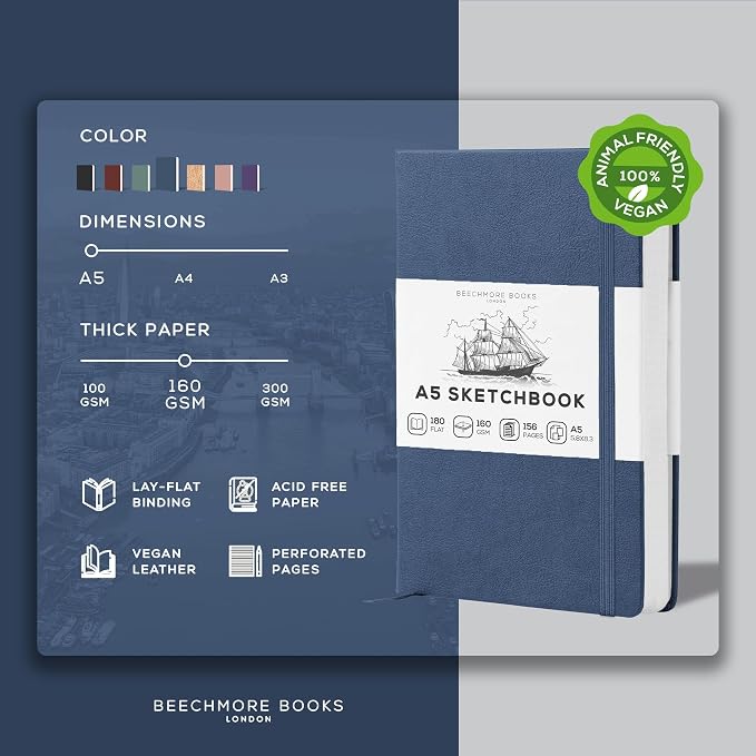 Beechmore Books A5 Mixed Media Sketchbook - 5.8"x8.3" Hardcover Lay-Flat Art Journal, 160 GSM / 98 lb Professional Perforated Paper, Gift Box, for Drawing, Ink and Light Watercolor