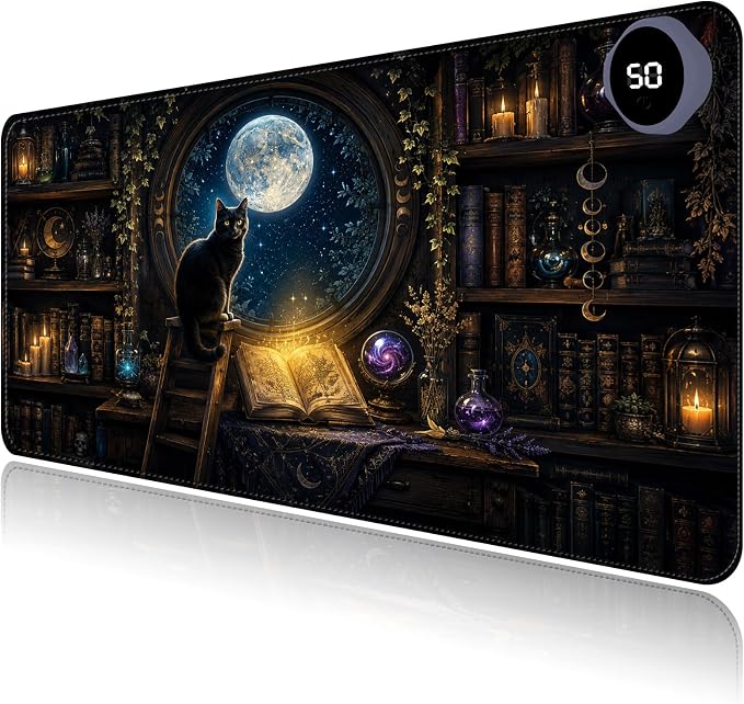Large Heated Mouse Pad–31.5" x 13" Desk Mat for Office | 3 Adjustable Heat Levels,Auto Shut-Off After 3 Hours for Safety,Keeps Hands Warm While Working，Witchy Black Cat Library