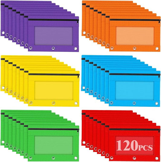 3 Ring Binder Pencil Pouch, 120 Pack Bulk Zipper Pencil Cases with Clear Window, 6 Color Cloth Binder Pouches with 3 Holes, Durable Pencil Bags for Classroom School Office Supplies