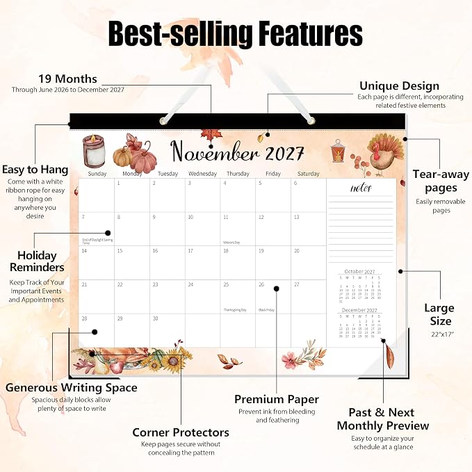 GuassLee Monthly Large Desk Calendar 2026-2027 - 19 Months 22" x 17" Calendar from Jun. 2026 to Dec. 2027, Large Monthly Planner with Holiday Watercolor Design for Office School Home Organizing