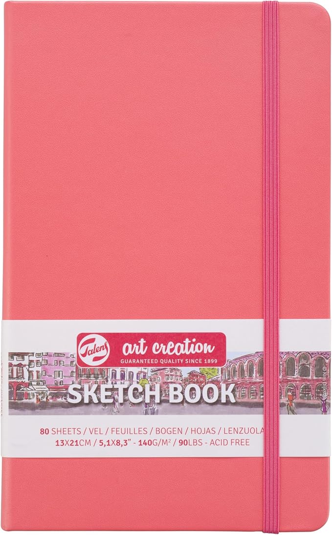 Talens Art Creation Sketchbook, Coral Red, 80 Sheets, 5.1 x 8.3 in | Hard-Bound Pocket Notebook, 140 GSM/94 lbs Paper, Acid-Free Cream Blank Paper, Ribbon Bookmark, and Elastic Closure
