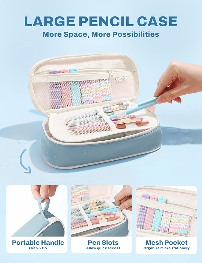 SUNEE 35PCS Aesthetic Stationery Set with Cute Pencil Case, Pastel Highlighters, Black Gel Pens, Mechanical Pencils & Refills, College School Supplies for Students Girls Blue