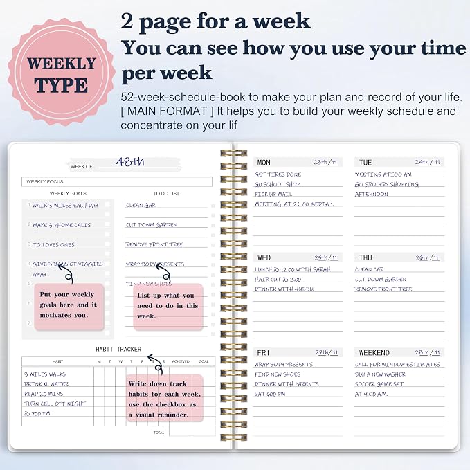 Undated Weekly Planner with To-Do List & Habit Tracker, 5.7" x 8" | 52 Weeks, 2-Page Weekly Spreads, Spacious Writing Space, No-Bleed Paper, Smooth Writing, Waterproof PVC Cover, Spiral Bound