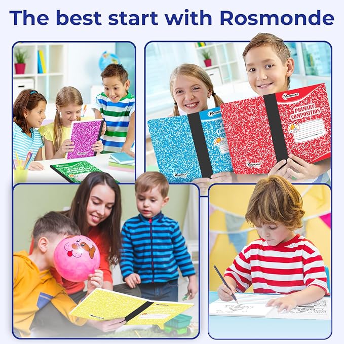Rosmonde Composition Notebooks Primary Ruled, 12 Pack, 100 Sheets | Bulk Primary Composition Notebooks, Draw and Write Journal, Grades K-2, 200 Pages (100 Sheets), Hard Cover, Assorted Colors