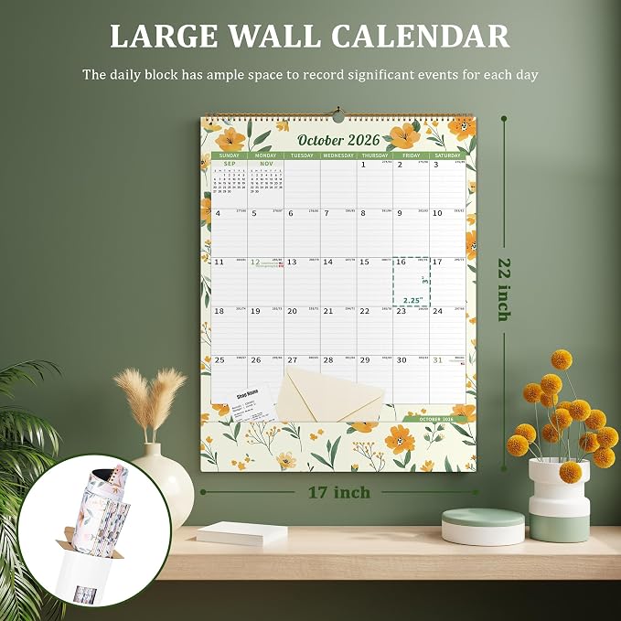 Ospelelf Wall Calendar 2026-2027 with Storage Pocket Monthly Large Planner Pad 17" X 22" with Protective Cover and Stickers for Family Fridge Office Teacher Student January 2026 to June 2027 Ditsy Floral