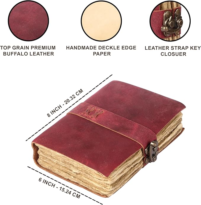 Vintage Leather Journal Handmade Buffalo Deckle Edge Paper – Leather Bound Journal for Women Men Vintage C-Lock Closure Ideal for Writing & Travel for Artists
