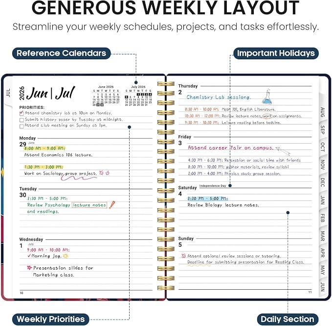 Planner 2026-2027, Academic Year Monthly and Weekly Calendar Planner, Jul 2026 - Jun 2027, Hardcover Teacher Student Planning Agenda book with Tabs, Perfect for School Office Supplies, 6.3" x 8.5" - Lunar Flight
