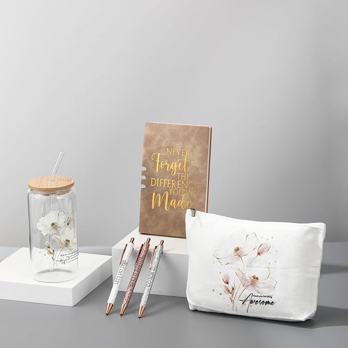Funnymoom 6 Pcs Appreciation Gifts Set for Women Back to School Teacher Gifts Employee Thank You Gift with 17 oz Glass Tumbler Journal Pens and Pouch for Coworkers Educators,Floral,White