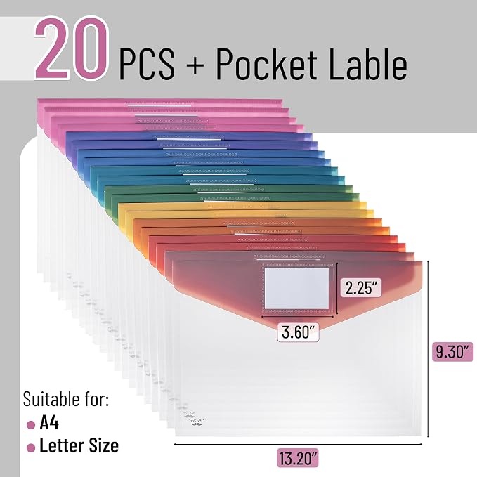 Mr. Pen- Clear Plastic Envelopes File Folders, 20 Pack, A4, Letter Size | Colorful Flaps, Clear Folders for Documents Plastic Poly Envelopes with Label for School, Home, Work, Office, Organizer