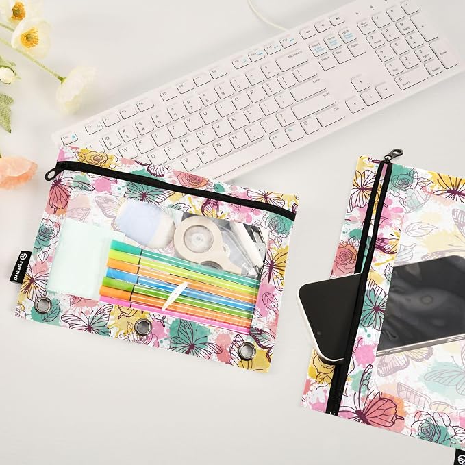 Butterfly Pencil Pouches for 3 Ring Binder 2 Pack | Binder Pencil Case With Zipper Reinforced GrommetsPencil Bags for Office Organizers