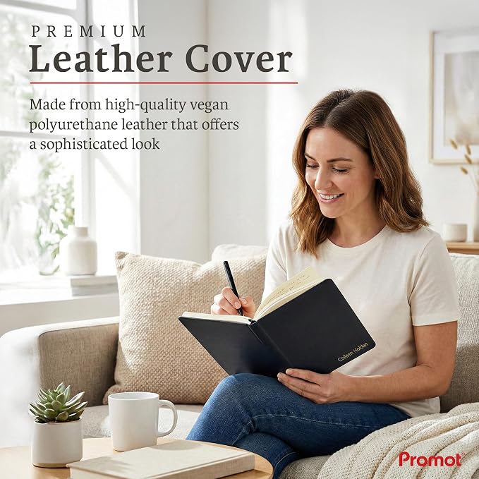Promot PU Leather Ruled Journal Notebook- Custom Gold Metallic Text (Black) | Premium Leather-Look Cover, Smooth Lined Writing Pages, Durable Everyday Construction, Lay-Flat Writing Experience