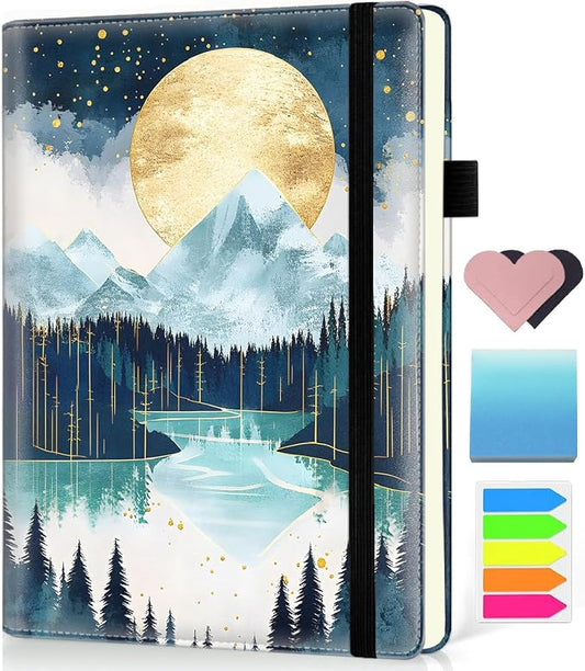 Hardcover Executive Notebooks, A5 PU Leather Lined Journal Notebook, 200 Pages Thick Paper Subject Notebooks for School,Work,Home Writing Business Notebook, Diary Book ，Moon Over Mountains