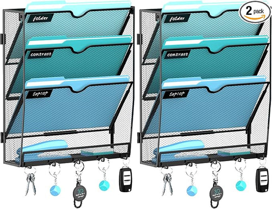 2 Pack 4 Tier Wall File Organizer - Hanging File Organizer with 5 Hooks, Mail Holder Wall Mounted for Papers, Folders, Magazines, Bills, Office&School Organization, Black