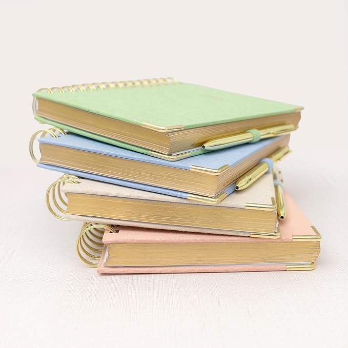 ELYN Lined Spiral Journal, Linen Hardcover Notebook with Matching Gold Gel Pen, 252 Pages, 8 in x 5 in - 100 GSM Premium Paper, Spiral Notebook for Home, Office, Notes & Gifts, (Blue)