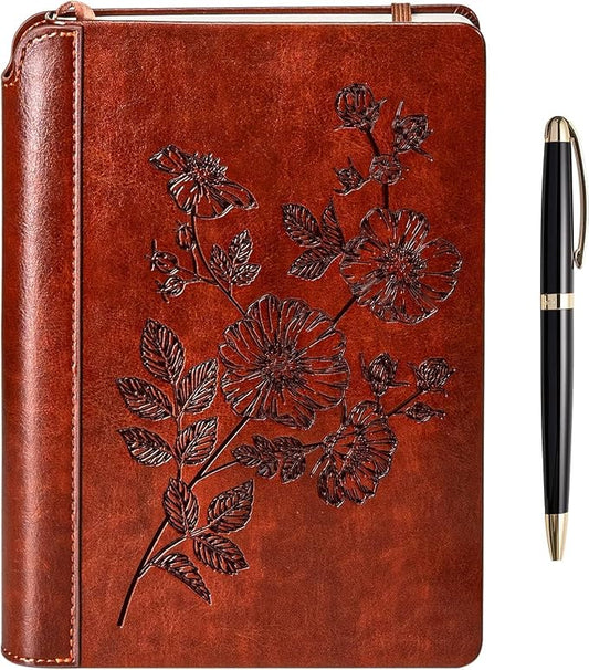 SETTINI® Vegan Leather Journal Gift Set with Pen 192 Pages, Flower | hardcover, luxury pen + unique pen holder, gift box, leather journal for women, A5, 192 pages
