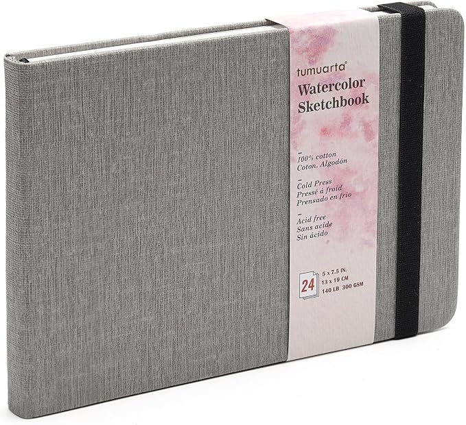 Watercolor Sketchbook, 5x7.5, 140 LB,300 GSM, 100% Cotton, Cold Press | 24 Sheets,48 Pages, tumuarta Watercolor Paper Journal For Use As Travel Sketch book and Mixed Media Pad On The Go
