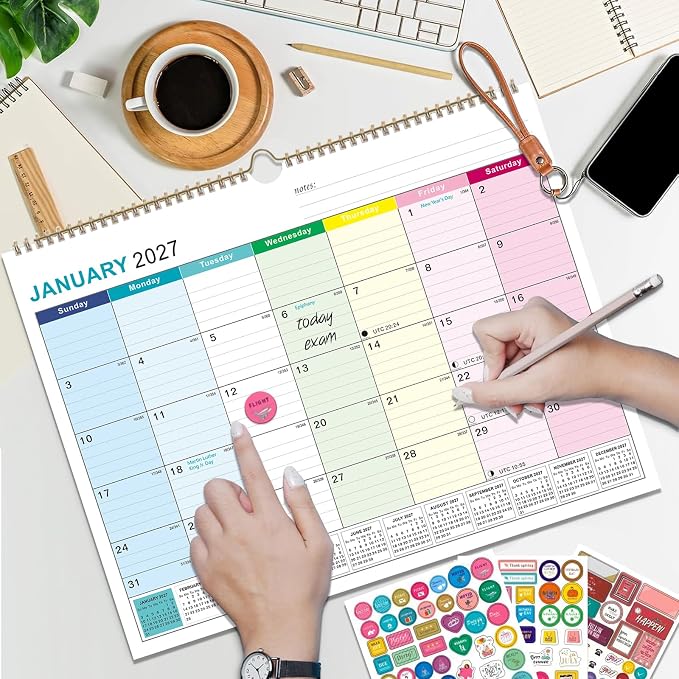 2027-2028 Wall Calendar, Calendar 2027-2028, 18 Month Calendar January 2027 - June 2028, 14" X 11", Calendar with Twin-Wire Binding, Hanging Hook and Julian Dates (Colorful)