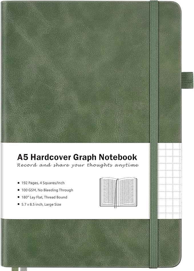 Graph Paper Notebook, Hardcover Leather Grid Notebook Journal for Women Men | No Bleed Thick Paper for Smooth Writing, Lay Flat, A5 Portable Size for Work, School, and Travel, Professional Business Style