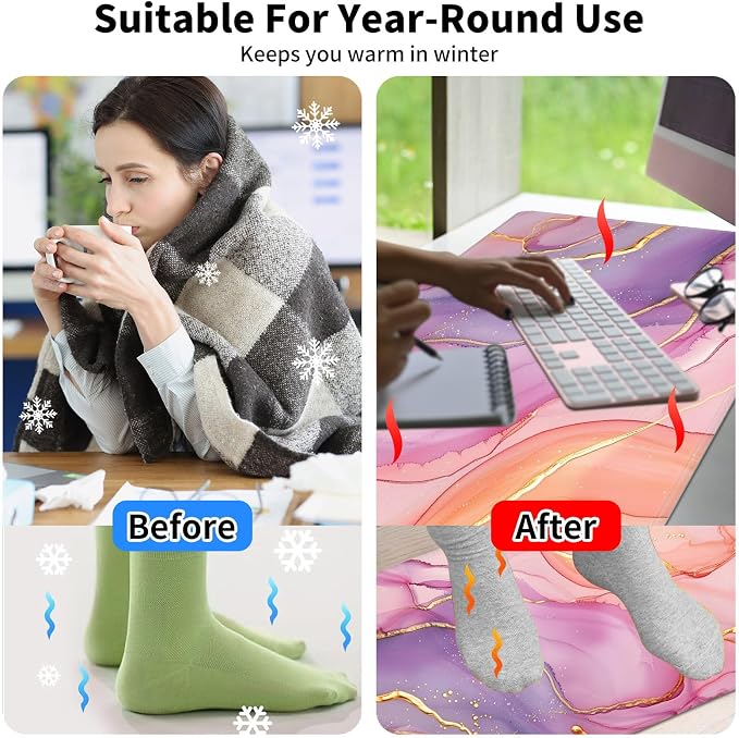 Heated Desk Pad Mouse Pad,Heated Desk Mat,with 3 Heating Levels & 3 Hours Auto Shut-Off,Leather 23.6"*14.2" Gaming Mouse Laptop Mat,Foot Warmer,Pink Golden Marble