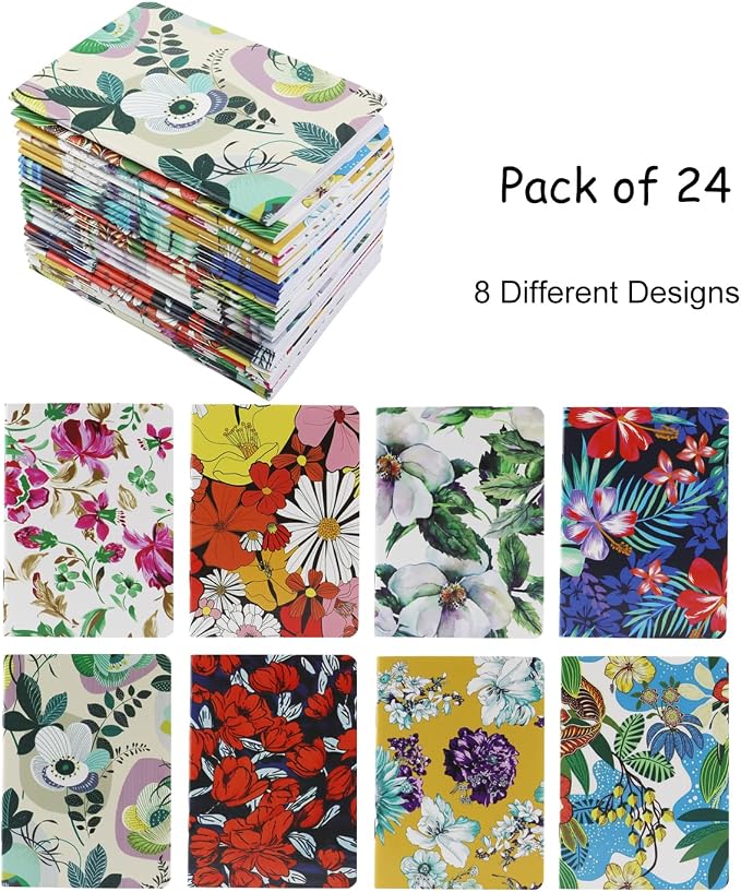 24pcs Mini Notebooks,3.5" x 5" Pocket Notepads,Small Journal for School Office Home Travel Gift Supplies(Flower)