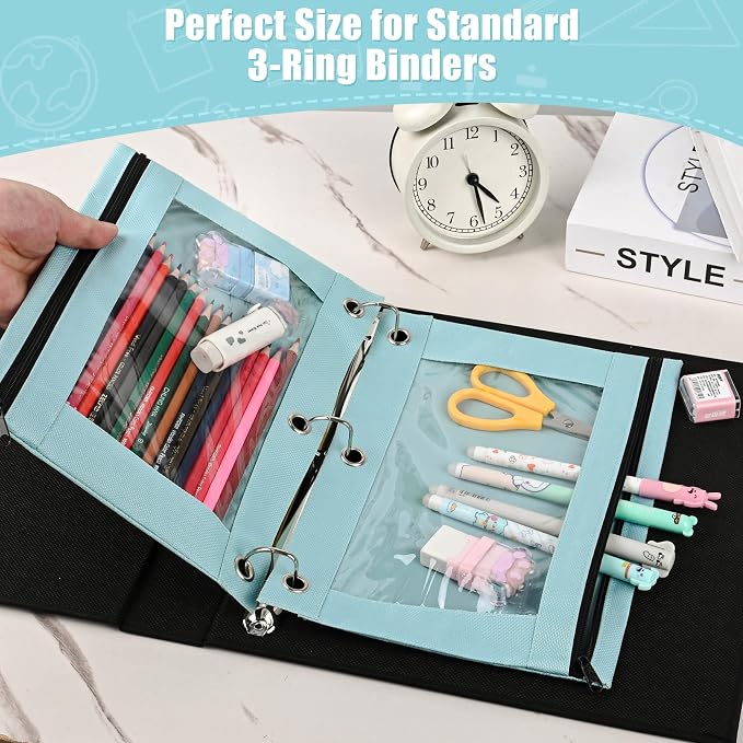 Lanpn Pencil Pouch for 3 Ring Binder 6 Pack, Pastel Binder Pen Bags with Zipper, 3 Holes Pencil Holder Stationary Organizer for Boy Girl Kids School Student, Reinforced Grommets & Clear Window, Blue