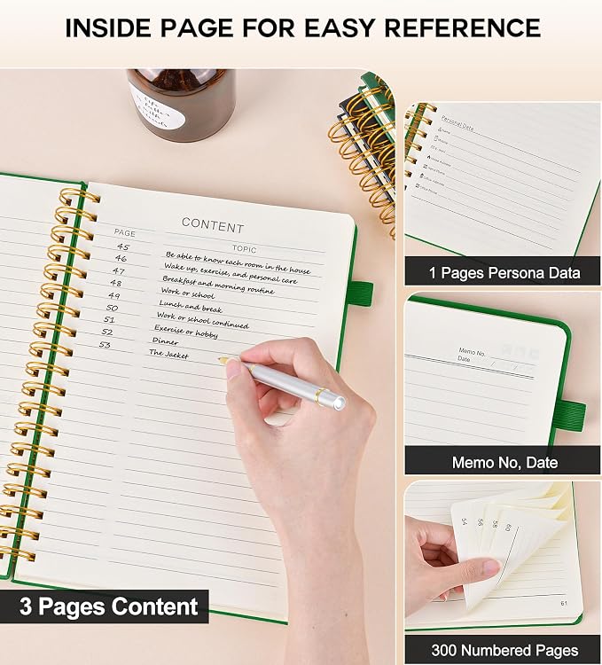 PERCUN B5 Spiral Notebook 300 Numbered Lined Pages Hardcover Journal 7"x10" | College Ruled Spiral Bound Notebook with Tabs, Large Leather Journal for Women Men, Work, School, Travel,Writing,Note Taking