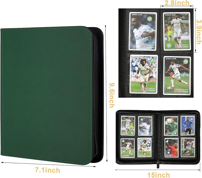 4 Pocket Ringless Side Loading Trading Card Binder, 160 Cards PU Fixed Page Zipper Card Album for TCG Sports Game Cards, Not Fit Top Loaders (Dark Green)