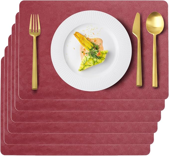 Red Plastic Placemats Set of 6, Faux Leather Waterproof Table Mats | Red Vinyl placemats,Wipeable and heat resistant table mats.Easy to clean,great for indoor and outdoor