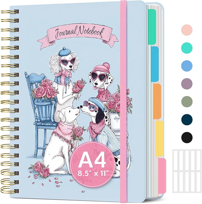 Large Lined Spiral Journal for Women Cute Hardcover 5 Subject Notebook for Work 8.5" x 11" with Removable Dividers & Tabs, College Ruled, 280 Pages Aesthetic Journal for Work, School & Note Taking, Puppy Parade