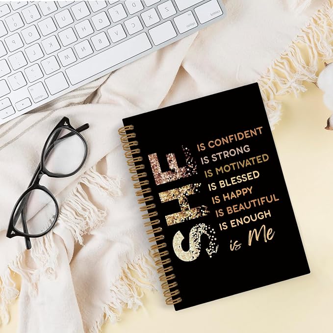 Gold She Is Me Affirmations Spiral Notebook, Inspirational Self Care Journal Notebook, Self Love Notebooks for School Work, Positive Office Supplies Gifts for Women Girls Friends, 5.5x8.3 Inch