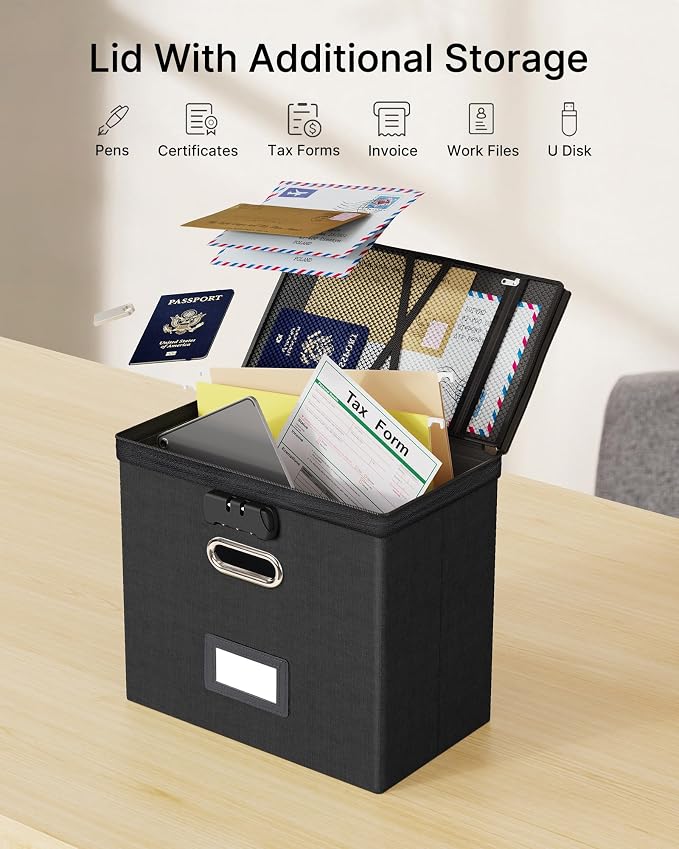 Oterri Lockable File Box Small 2-Pack Hanging Organizer for Letter-Size | Dustproof Lid. 3 Mesh Pockets. Collapsible Scratch-Resistant GRS Linen. Slide Rails. Office, Home, Dorm