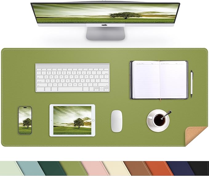 AFIING Cork Desk Mat, 35.4" x 17", Olive Green,Desk pad Protector | Dual-Sided Cork & PU Leather, Large Mouse Pad, Non-Slip & Waterproof