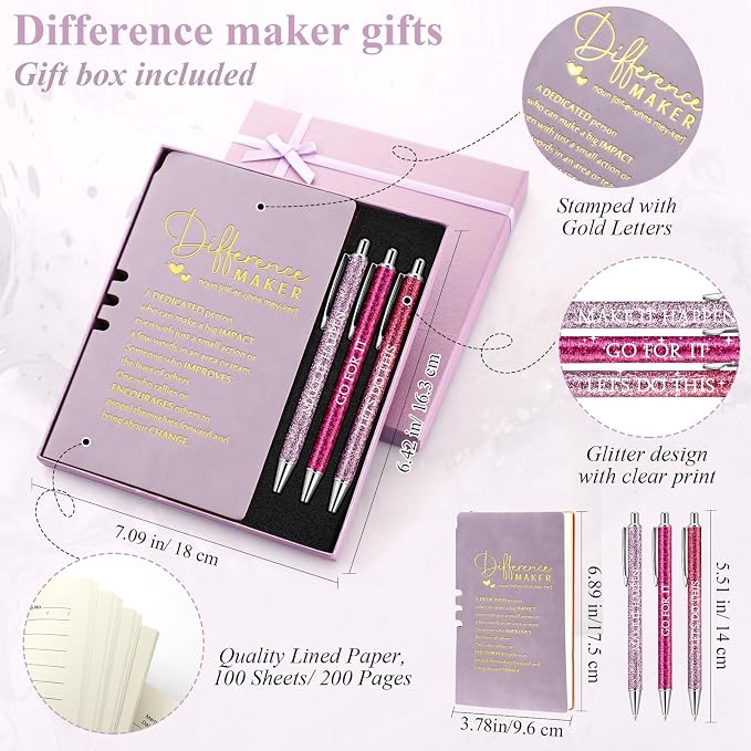 Thenshop 5 Pcs Difference Maker Gifts Journal with Pen Leather Notebook 3 Ballpoint Pens Box Thank You Gift for Nurse Boss Employee Coworker Teacher Volunteer Social Worker Assistant(Purple)