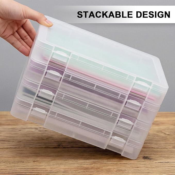 CraftGenes 4 Pack Scrapbook Paper Storage Boxes for Letter and A4 Paper | 1.8 in deep stackable cases fit 8.5 x 11 and A4 paper, with secure snap latches, translucent bodies and labels included