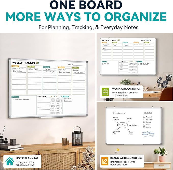Weekly Dry Erase Calendar Whiteboard with Corkboard, 36" x 24", Silver | Magnetic, White Board Cork Board Combo, Double Sided, Wall Mounted, Aluminum Frame, for Home, Office, Kitchen, Dorm