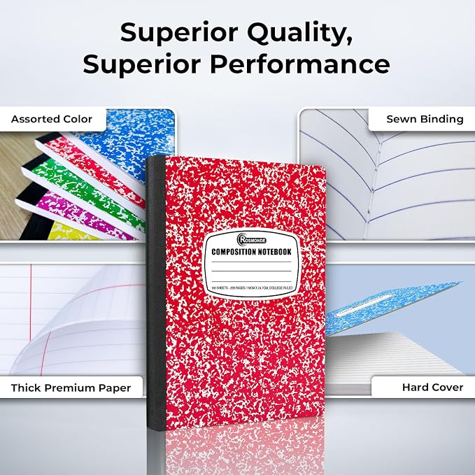 Rosmonde 50 Pack, Bulk Composition Notebooks, College Ruled Notebook, 200 Pages (100 Sheets), 9-3/4 x 7-1/2, Hard Cover Binding, Back to School Supplies, Bulk Notebooks for School, Office Notebooks