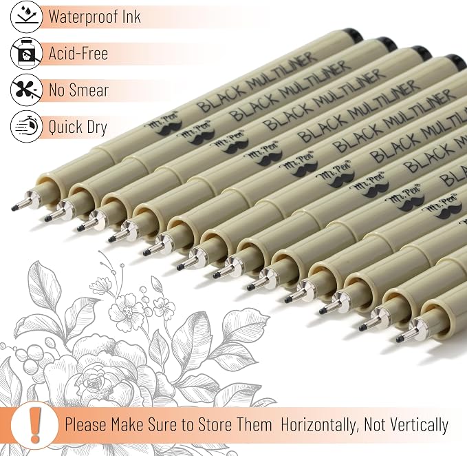 Mr. Pen- 0.5mm Micro Fine Point Pens, 8 Pack, Black Ink, Waterproof | Acid-Free, No-Smear Quick-Dry Fineliner Pens for Drawing, Sketching, Bible Journaling, Outlines & Everyday Writing