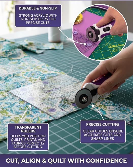The Quilted Bear Small Quilting Ruler Bundle, 2.5", 3.5", 4.5", 5.5" & 6.5" | 5 Square-Ruler Assortment, Transparent Acrylic, Non Slip, Clear Black Lines, 30, 45 & 60 Degree Angles, for Patchwork, Sewing