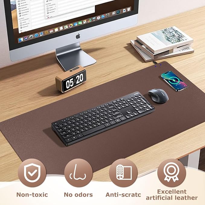 Wireless Charging Mouse Pad Firelison 2 in 1 Leather Multifunctional Office Desk Pad with Non-Slip Rubber Base, Waterproof Desk pad for Computers/Office/Work/Home/Decor（ 32" x 16"Brown - R）