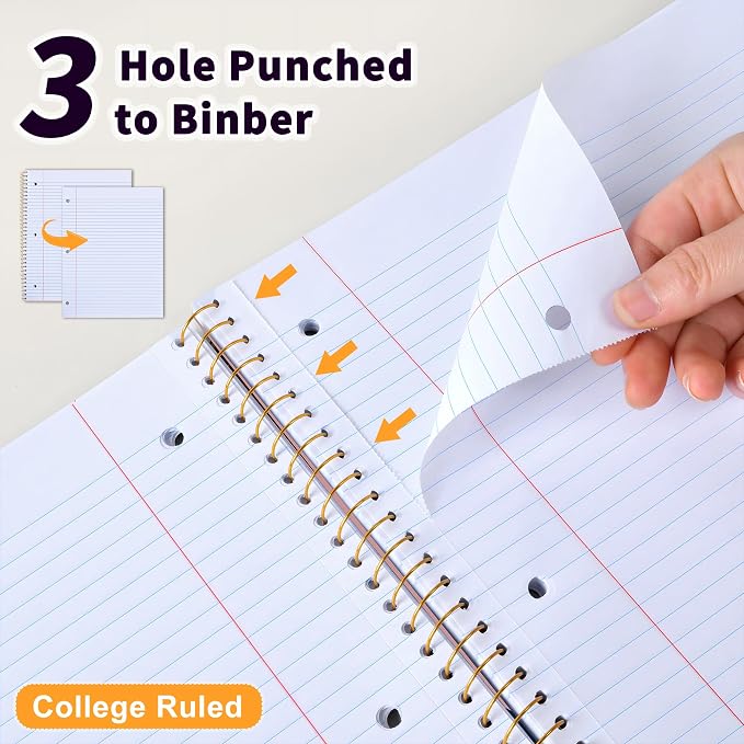 Spiral Notebook College Ruled Paper 8" x 10-1/2", 1 Subject Spiral Notebook 80GSM Paper, 3-Hole Punched Perforated Pages Ideal for School, Office, Writing, 75 Sheets Lined Journaling Notebook, Pink