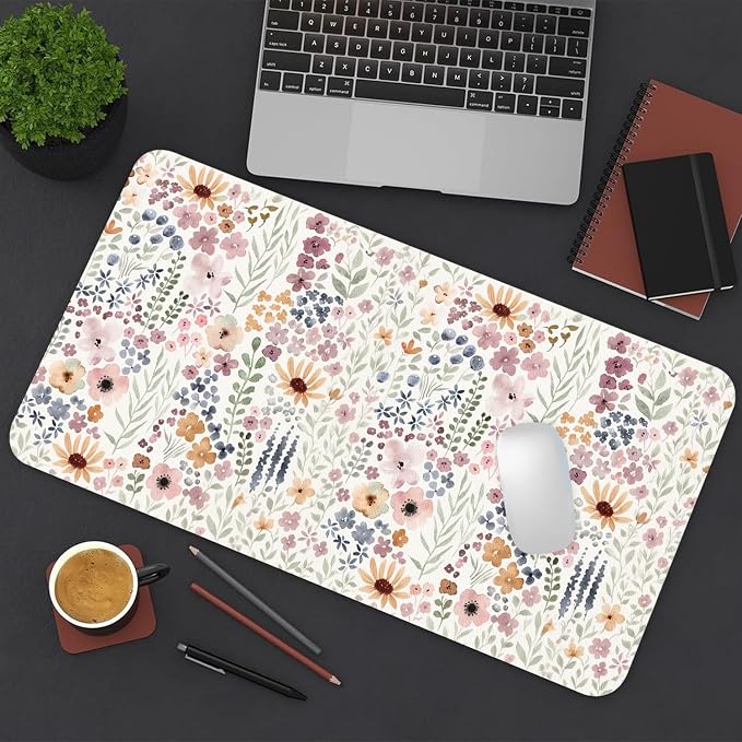 Flower Large Mouse Pad, Floral Desk Matt for Desktop, PU Leather Waterproof Desk Pad, Computer PC Laptop Protector Gaming Mouse Pads for Women Office Decor (23.6" x 11.8")