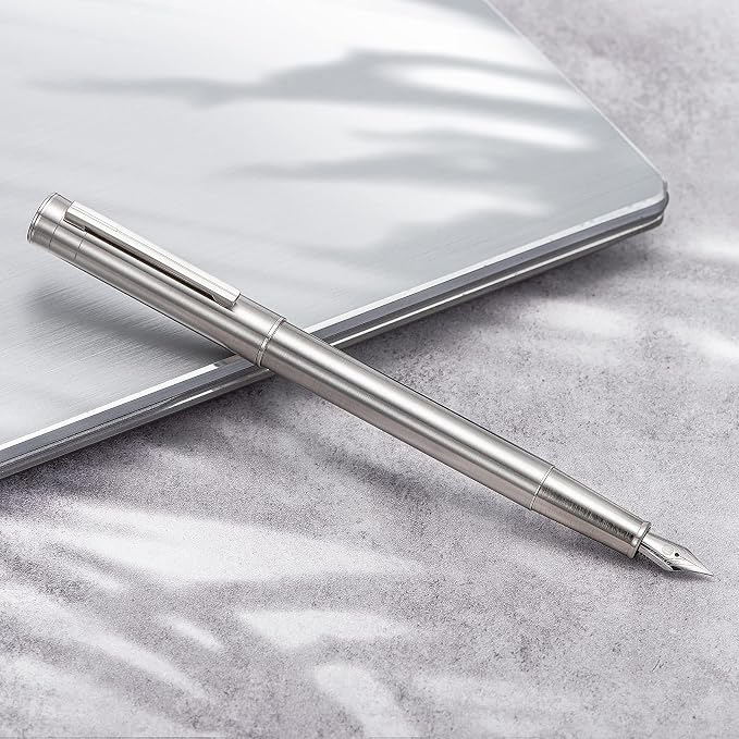 Hongdian 1861 Stainless Steel Fountain Pen Medium Nib, Classic Design Smooth Writing Pen with Converter and Metal Pen Case Set